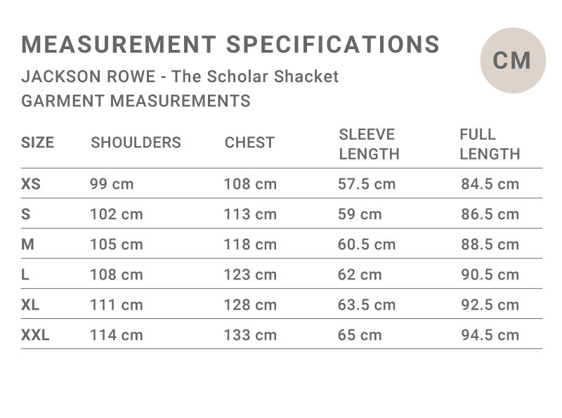 Jilly Shacket sizing chart - Centimeters