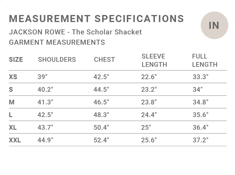 Jilly Shacket sizing chart - Inches